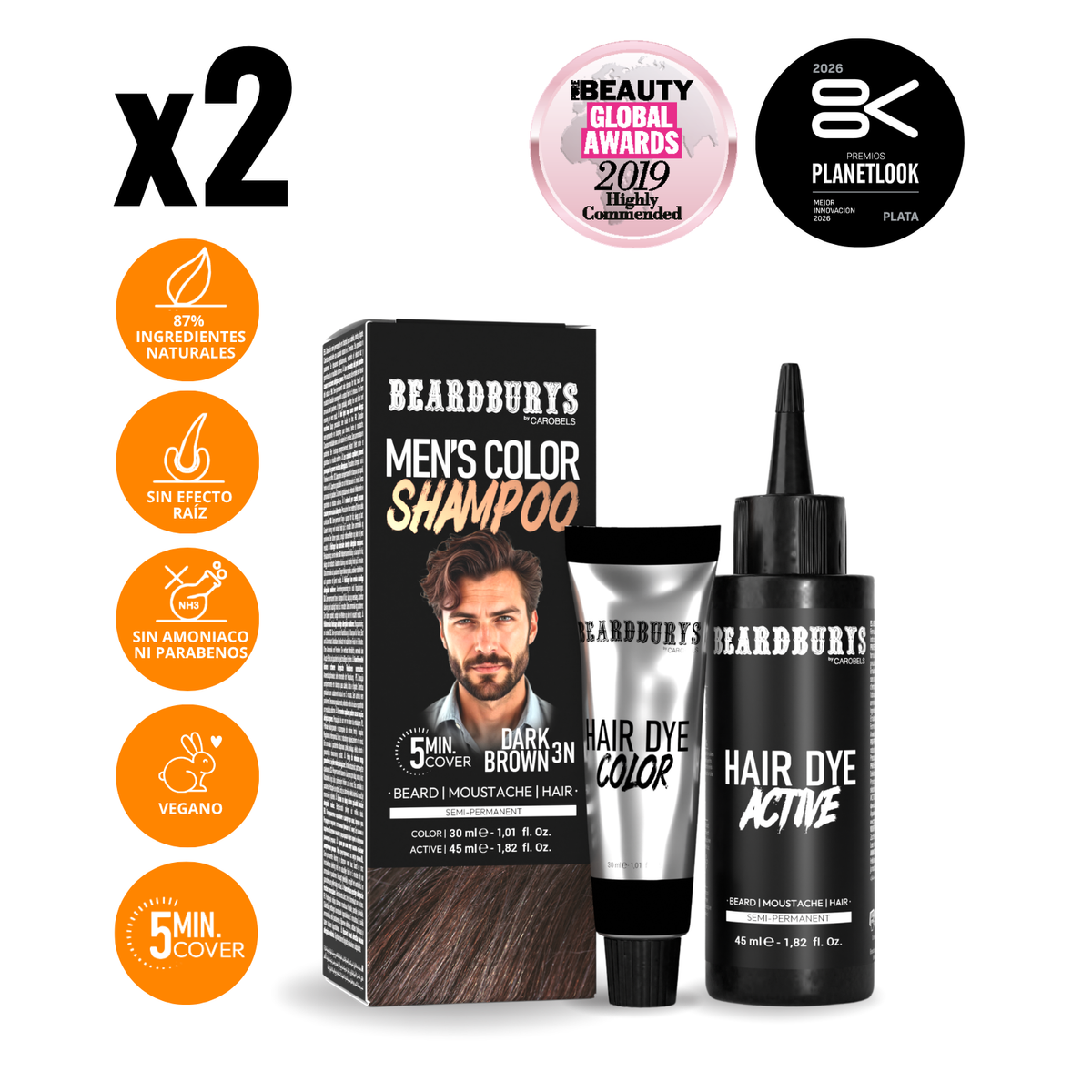 Champú color para hombre 3N Castaño Oscuro| Pelo, Barba y Bigote