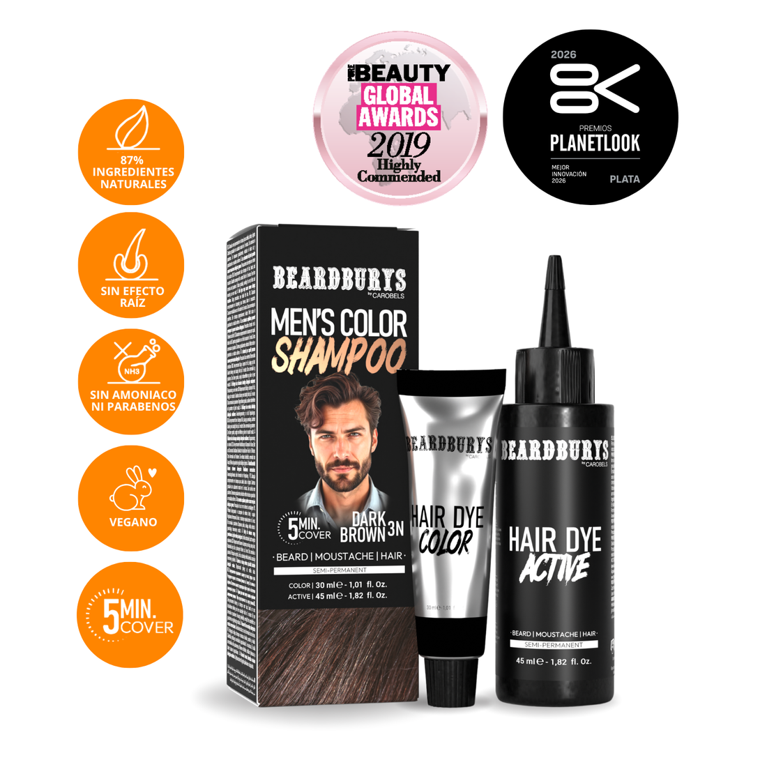 Champú color para hombre 3N Castaño Oscuro| Pelo, Barba y Bigote