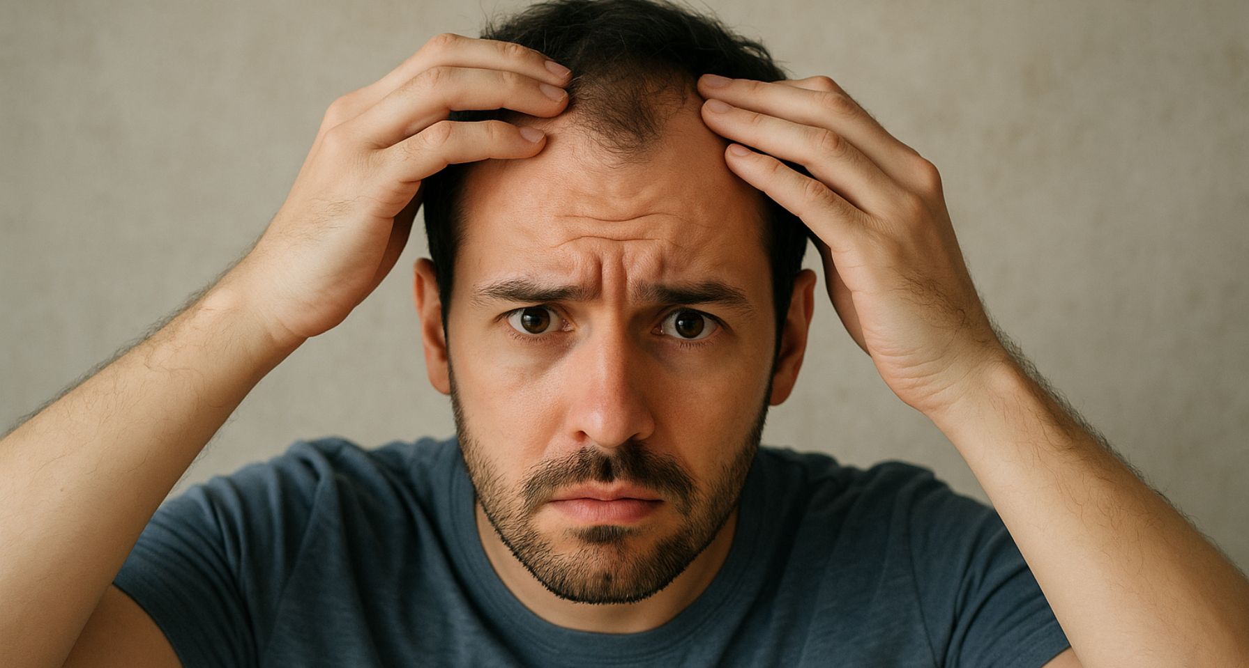 Hombre con cara de preocupación mirándose las entradas en el pelo
