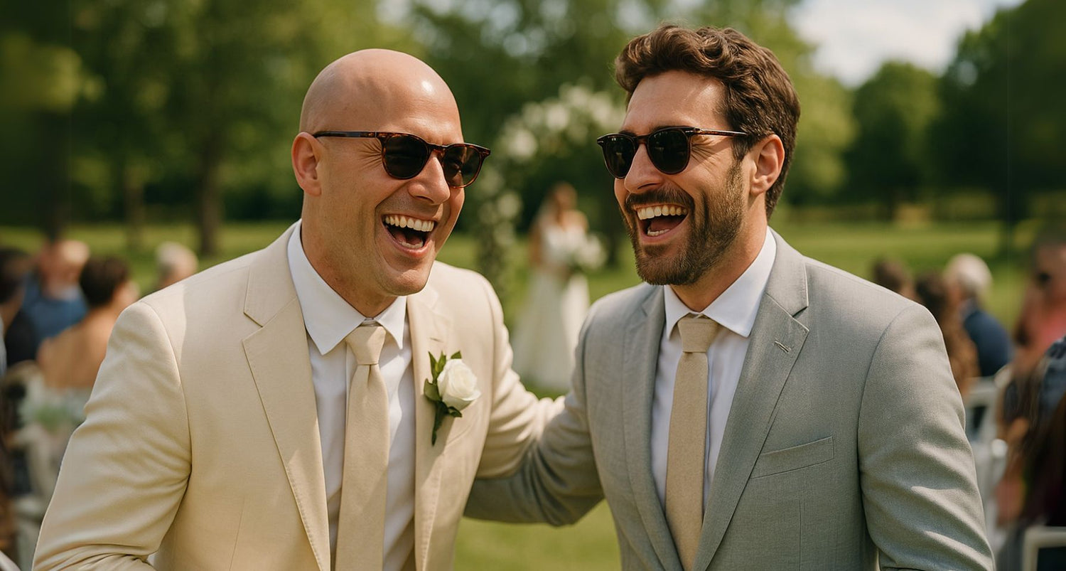 hombres vestidos elegantes en un evento al aire libre disfrutando y riendo