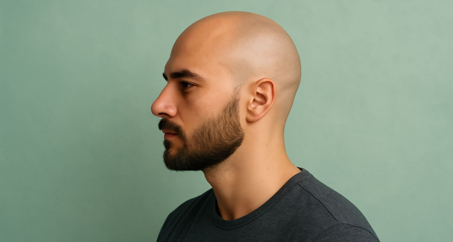 hombre con calva cuidada y sin manchas