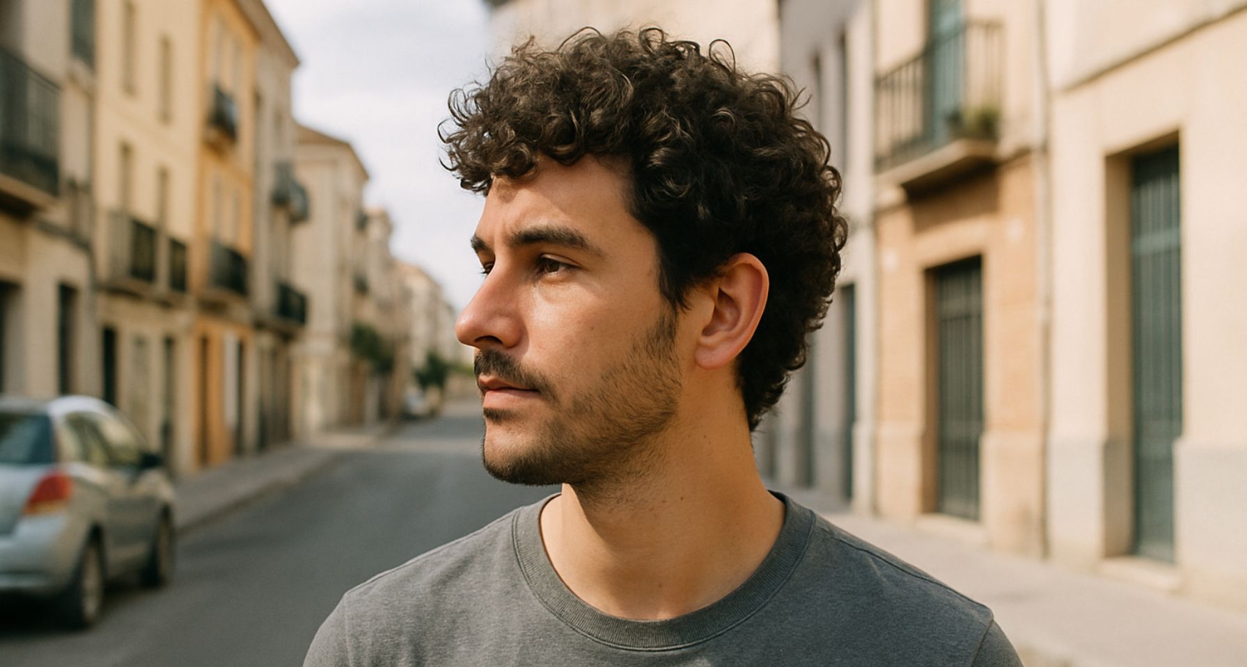 hombre con barba de 3 días mirando de perfil 