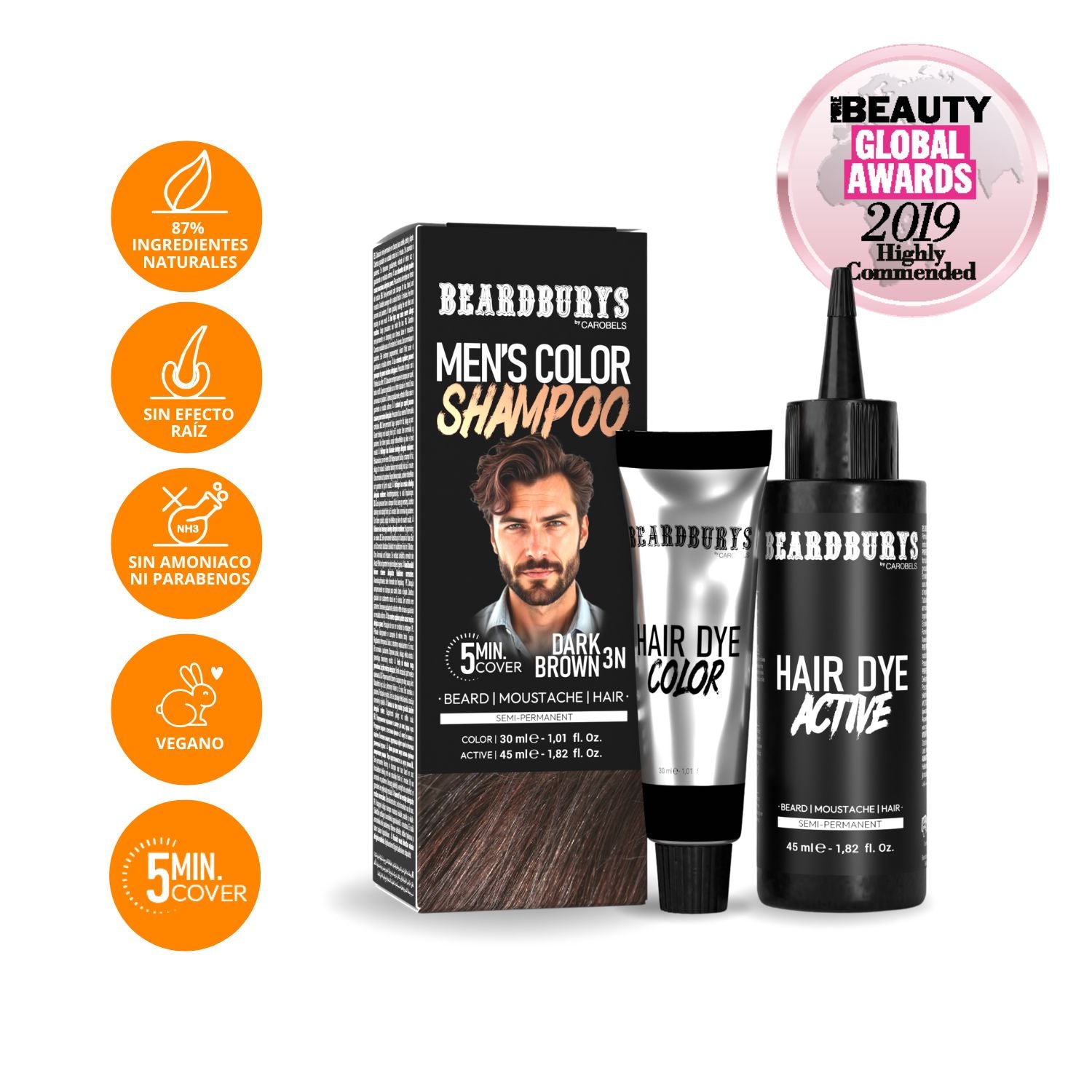 Champú color para hombre 3N Castaño Oscuro| Pelo, Barba y Bigote