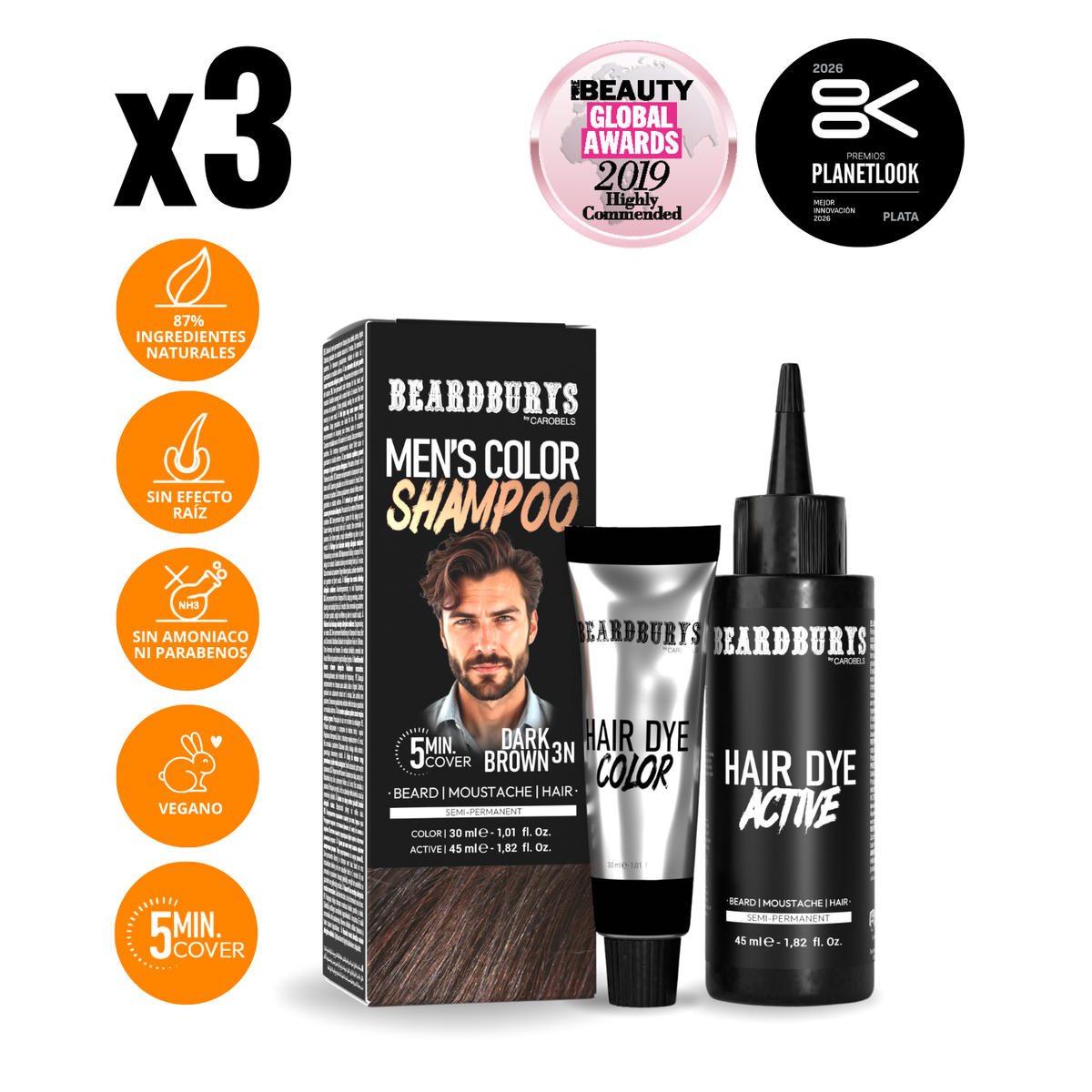 Champú color para hombre 3N Castaño Oscuro| Pelo, Barba y Bigote